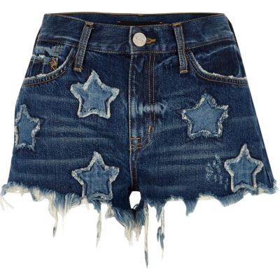 Mid blue wash star patch denim hot pants